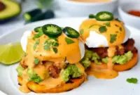 Mexican Eggs Benedict on sweet potato rounds with avocado, chorizo, and chipotle hollandaise for an Eggs Benedict Alternative that feels bold and brunch-worthy.