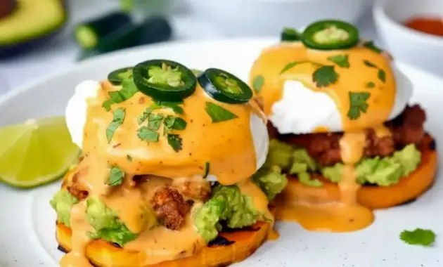Mexican Eggs Benedict on sweet potato rounds with avocado, chorizo, and chipotle hollandaise for an Eggs Benedict Alternative that feels bold and brunch-worthy.