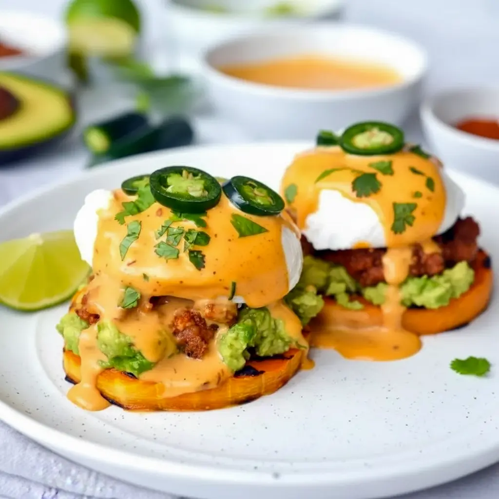 Mexican Eggs Benedict on sweet potato rounds with avocado, chorizo, and chipotle hollandaise for an Eggs Benedict Alternative that feels bold and brunch-worthy.