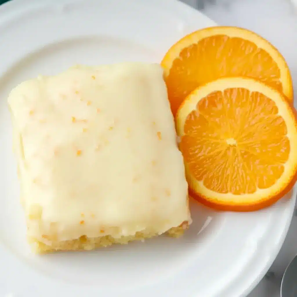 A square of Orange Brownies topped with creamy frosting, styled as one of the best Dessert Recipes With Orange Juice for a bright citrus treat.