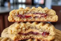 Tray of Peanut Butter and Jelly Stuffed Cookies with a soft, chewy center and a gooey jam filling, styled as a Soft Peanut Butter Cookie Recipe.