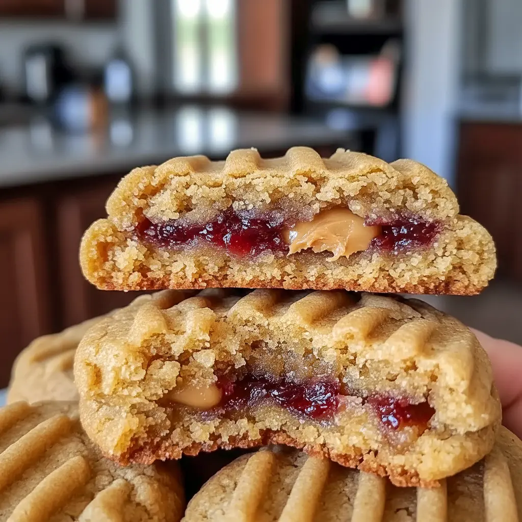 a fresh Peanut Butter and Jelly Stuffed Cookies treat with jam peeking out, a fun idea for Jelly Stuffed Cookies and Peanut Butter Baking.