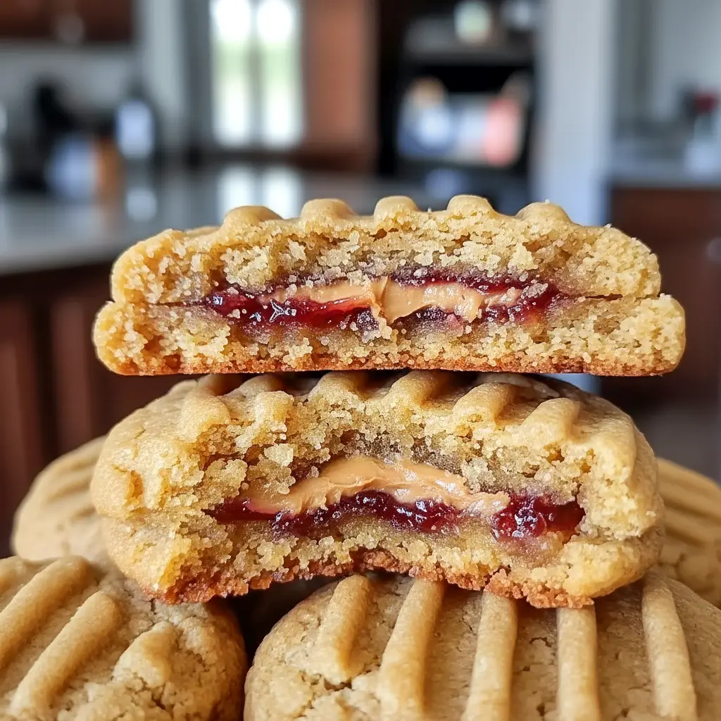 Tray of Peanut Butter and Jelly Stuffed Cookies with a soft, chewy center and a gooey jam filling, styled as a Soft Peanut Butter Cookie Recipe.