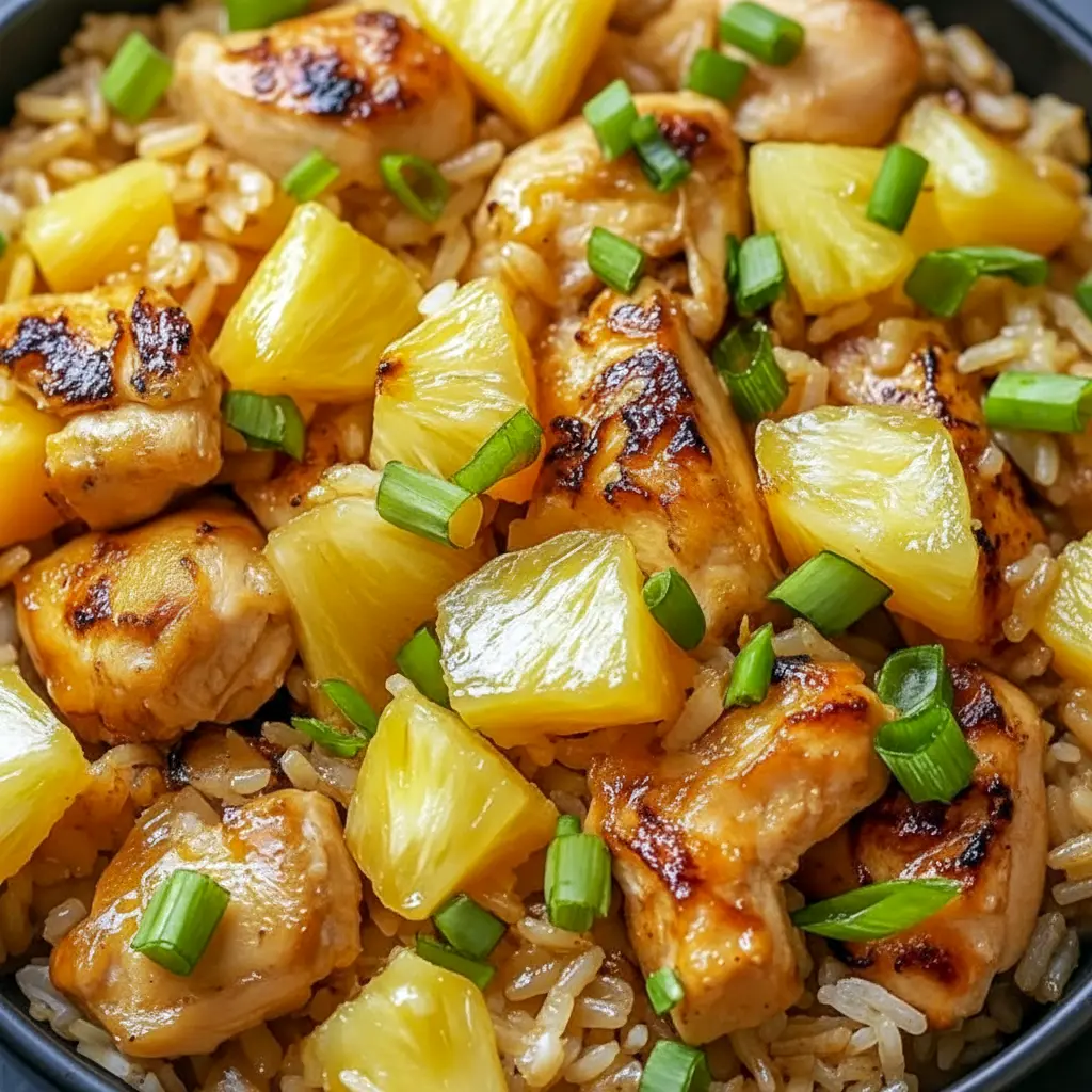 A skillet of Pineapple Chicken and Rice with juicy pineapple, tender chicken, red bell pepper, green onions, and sesame seeds for a colorful one-pan dinner.