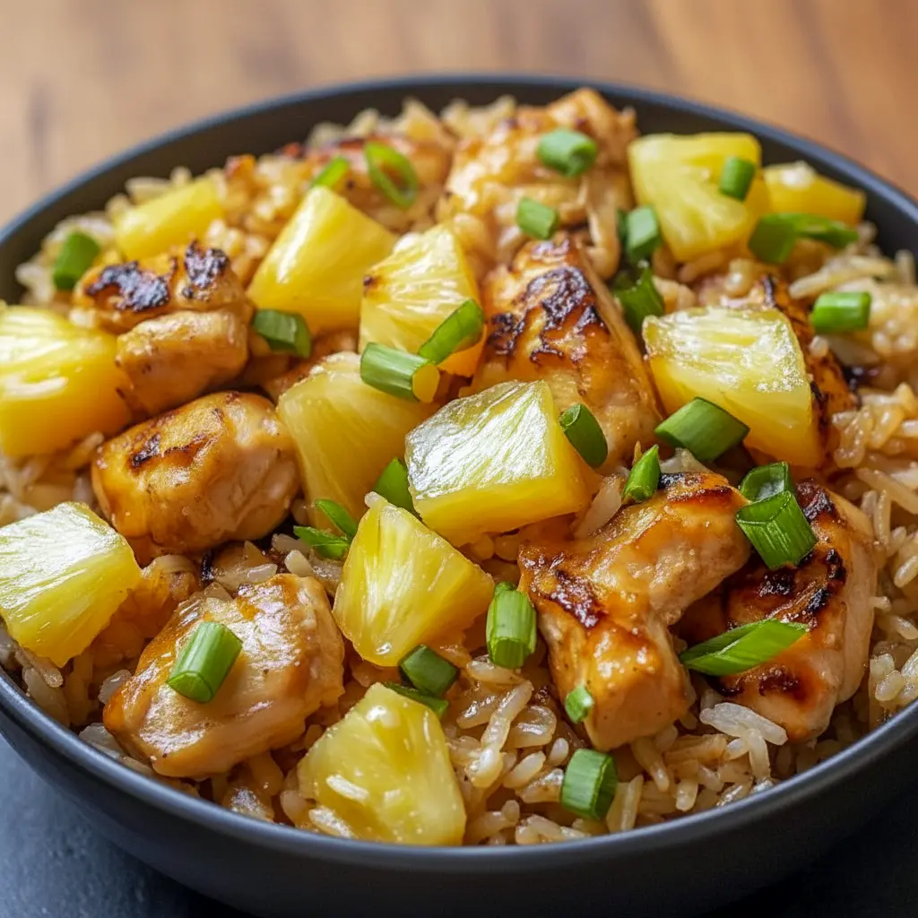 A skillet of Pineapple Chicken and Rice with juicy pineapple, tender chicken, red bell pepper, green onions, and sesame seeds for a colorful one-pan dinner.