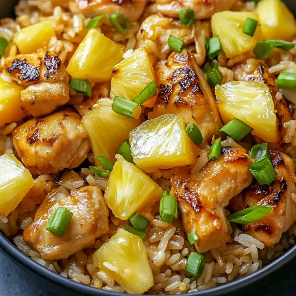 A skillet of Pineapple Chicken and Rice with juicy pineapple, tender chicken, red bell pepper, green onions, and sesame seeds for a colorful one-pan dinner.