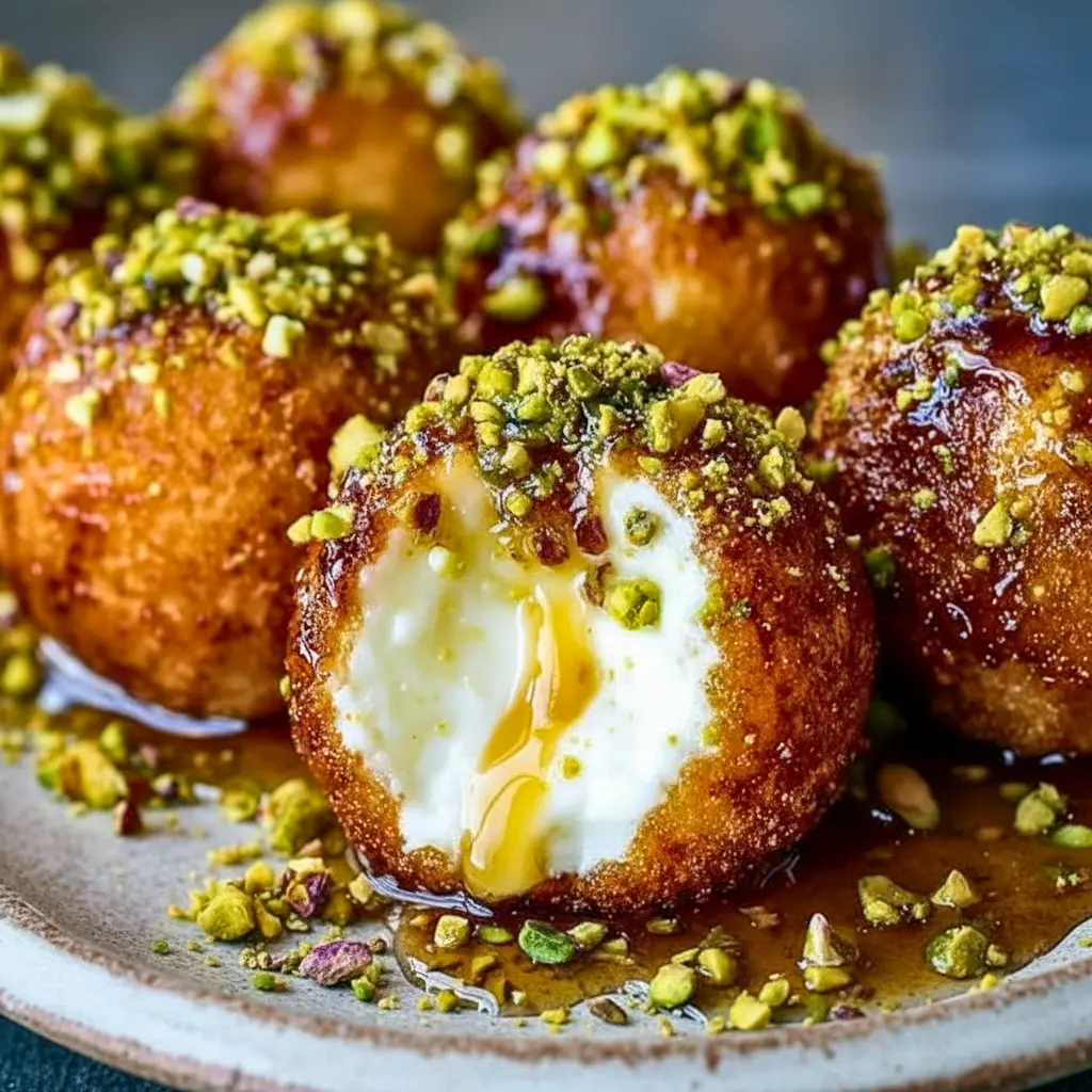 A platter of Ricotta Pistachio Honey Bites topped with chopped pistachios and honey drizzle, styled as a creamy, elegant appetizer for New Years Foods.