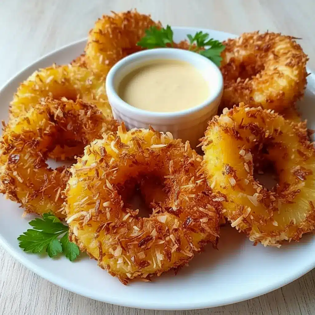 Fried Pineapple rings with a crispy coconut coating and rum-infused dipping sauce, a delicious choice for Pineapple Recipes, Fruit Recipes, and festive Appetizer Snacks.