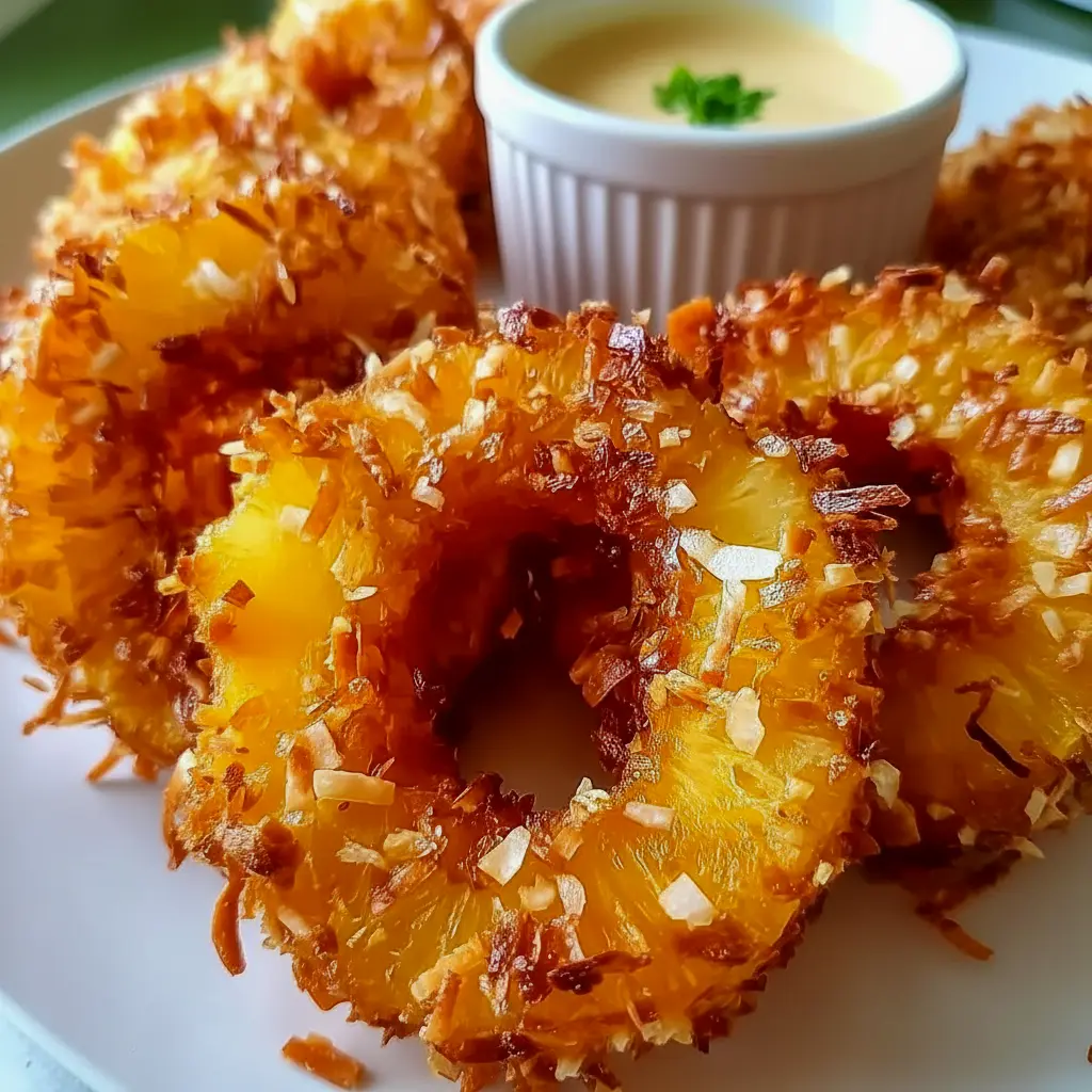 Fried Pineapple rings with a crispy coconut coating and rum-infused dipping sauce, a delicious choice for Pineapple Recipes, Fruit Recipes, and festive Appetizer Snacks.