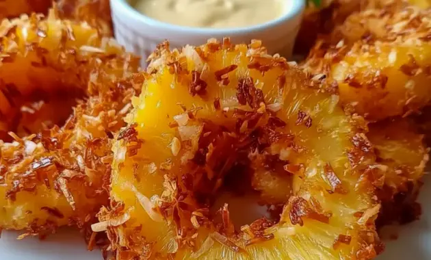 Fried Pineapple rings with a crispy coconut coating and rum-infused dipping sauce, a delicious choice for Pineapple Recipes, Fruit Recipes, and festive Appetizer Snacks.
