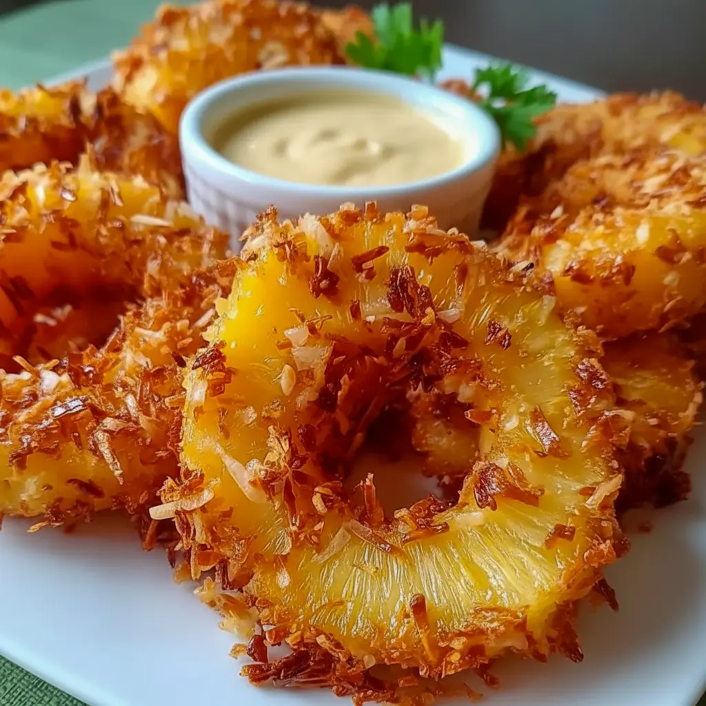Fried Pineapple rings with a crispy coconut coating and rum-infused dipping sauce, a delicious choice for Pineapple Recipes, Fruit Recipes, and festive Appetizer Snacks.