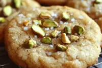 A close-up tray of Salted Honey Pistachio Cookies with flaky salt and chopped nuts, styled as irresistible Pistachio Flavored Cookies for dessert lovers.