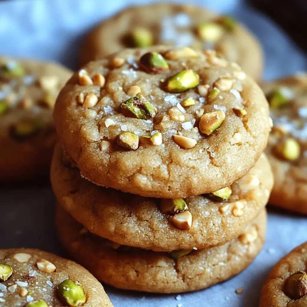 A warm cooling rack of Salted Honey Pistachio Cookies fresh from the oven, styled as Freshly Baked Pistachio Cookies and a beautiful Pistachio Honey Dessert.