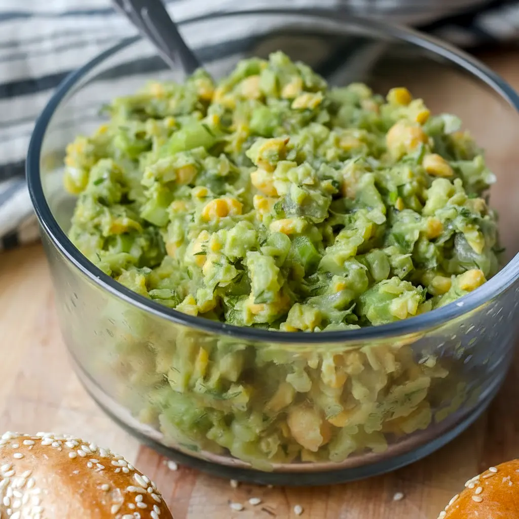 Smashed Chickpea Avocado Dill Pickle Sandwiches served in a bowl with creamy Avocado Chickpea mixture, pickles, dill, and crunchy celery for meal prep.