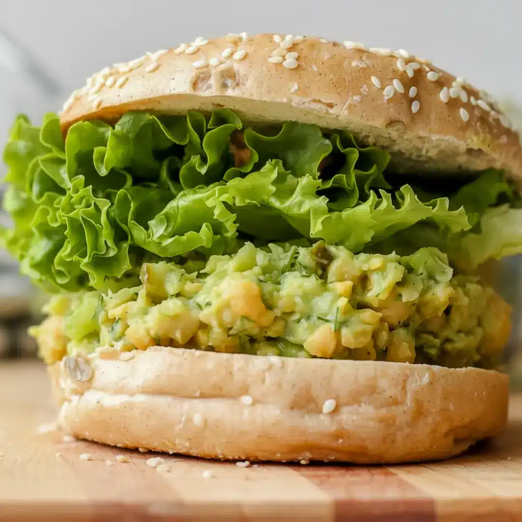 Smashed Chickpea Avocado Dill Pickle Sandwiches on whole grain bread with crisp lettuce and Avocado Chickpea Salad Sandwich filling for an easy healthy lunch.