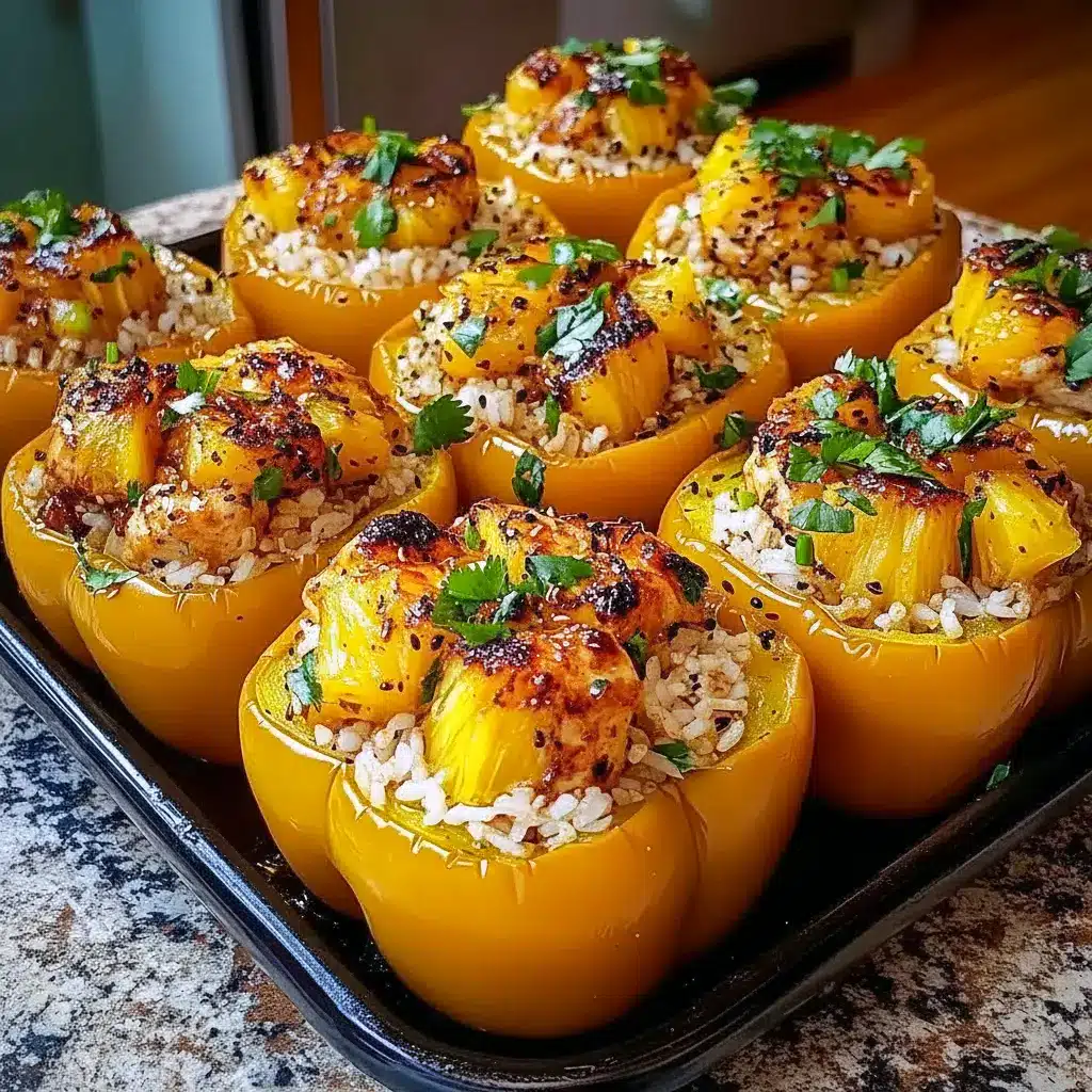 Teriyaki Pineapple Chicken and Rice Stuffed Peppers plated for Unique Meal Prep Ideas, showing tender chicken, pineapple, and rice inside roasted peppers.