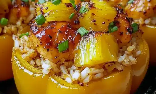 Teriyaki Pineapple Chicken and Rice Stuffed Peppers served in bright bell peppers with a fresh dinner presentation, perfect for Healthy Meals For 4.
