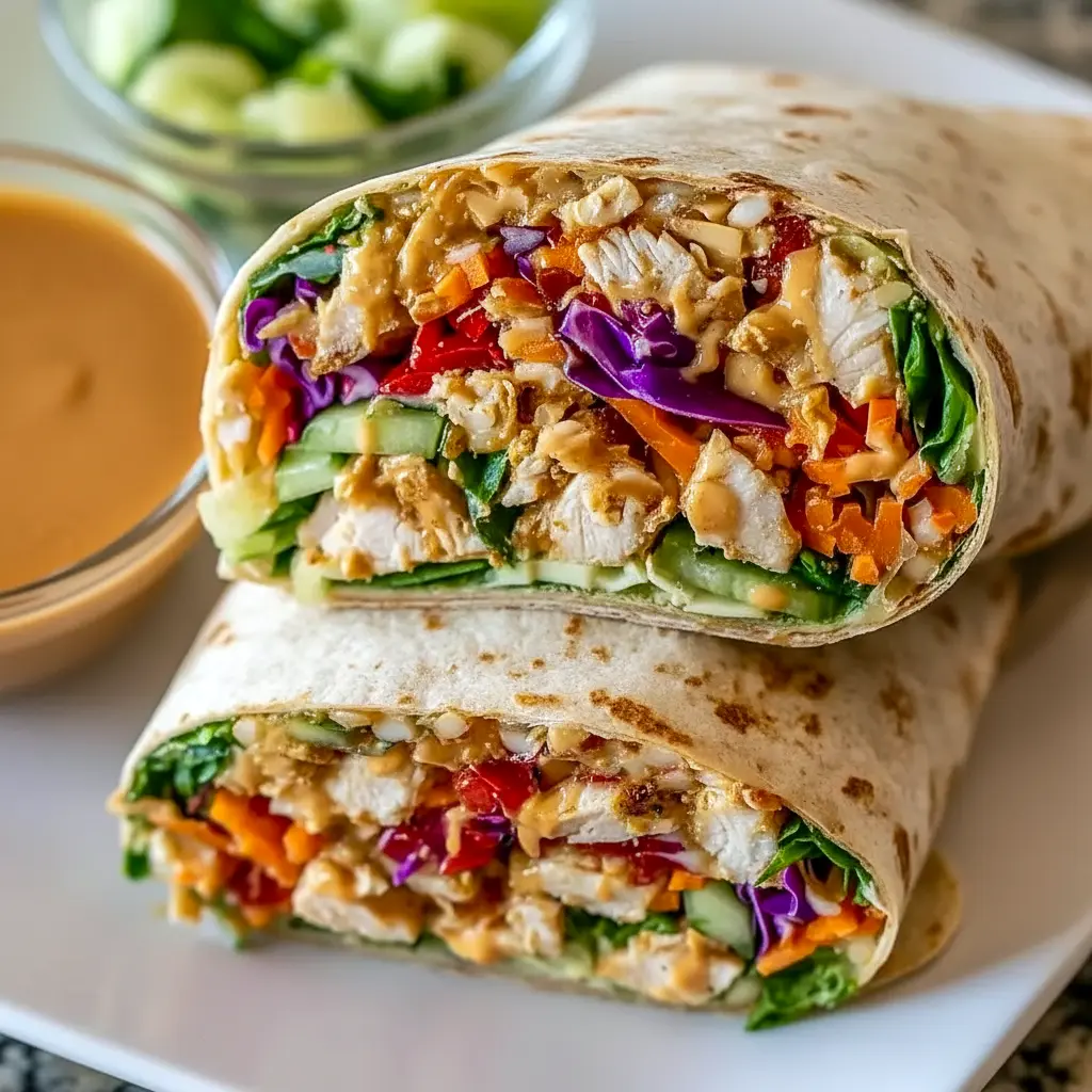 Thai Peanut Chicken Wraps with creamy peanut sauce, tender chicken, crisp vegetables, and fresh herbs wrapped in a soft tortilla for a colorful lunch.