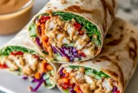 Thai Peanut Chicken Wraps with creamy peanut sauce, tender chicken, crisp vegetables, and fresh herbs wrapped in a soft tortilla for a colorful lunch.