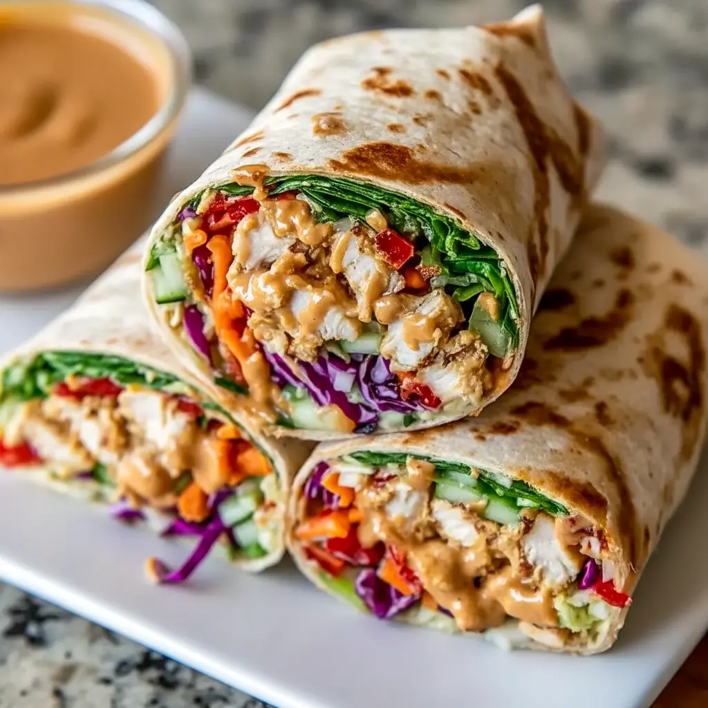 Thai Peanut Chicken Wraps with creamy peanut sauce, tender chicken, crisp vegetables, and fresh herbs wrapped in a soft tortilla for a colorful lunch.