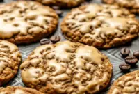 A cozy plate of Oatmeal Latte Cookies topped with glossy espresso icing, styled as a Vanilla Brown Sugar Oatmeal Latte Cookie treat for coffee lovers.