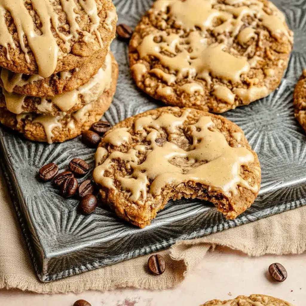 A cozy plate of Oatmeal Latte Cookies topped with glossy espresso icing, styled as a Vanilla Brown Sugar Oatmeal Latte Cookie treat for coffee lovers.