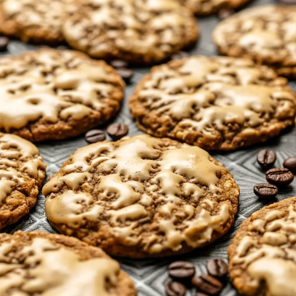 A cozy plate of Oatmeal Latte Cookies topped with glossy espresso icing, styled as a Vanilla Brown Sugar Oatmeal Latte Cookie treat for coffee lovers.