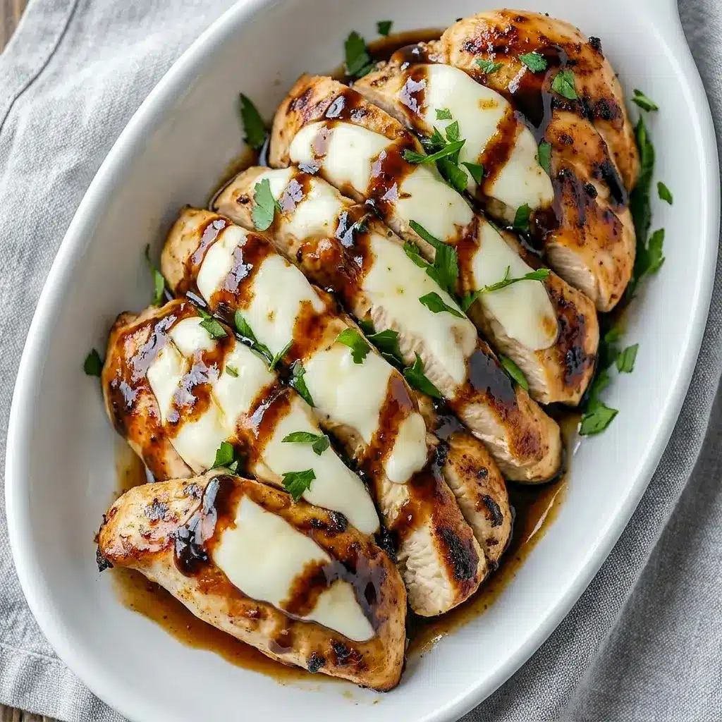 A golden pan of Balsamic Baked Chicken Breast with Mozzarella Cheese with glossy glaze, perfect for Chicken Honey flavor lovers.