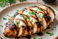 Balsamic Baked Chicken Breast with Mozzarella Cheese served with tomatoes and herbs, a cozy Mozzarella Recipes dinner that looks fresh and inviting.