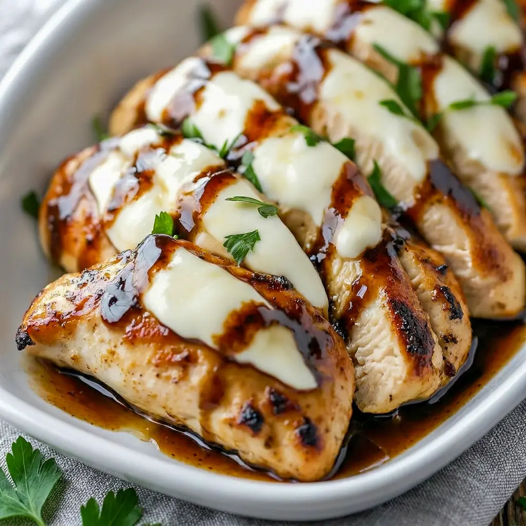 A close-up of Balsamic Baked Chicken Breast with Mozzarella Cheese topped with melted cheese, an easy Baked Chicken Breast idea for dinner.