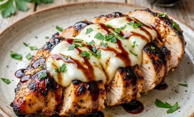 Balsamic Baked Chicken Breast with Mozzarella Cheese served with tomatoes and herbs, a cozy Mozzarella Recipes dinner that looks fresh and inviting.