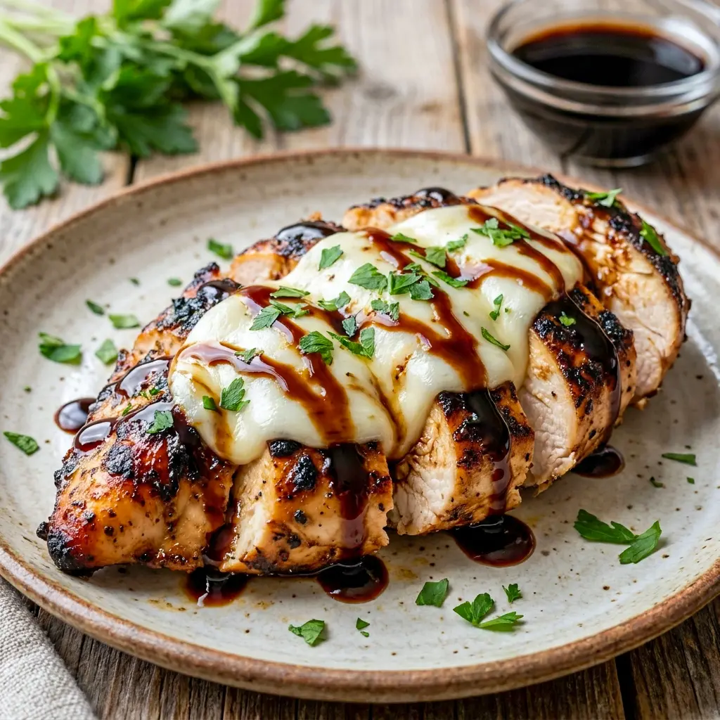 Balsamic Baked Chicken Breast with Mozzarella Cheese served with tomatoes and herbs, a cozy Mozzarella Recipes dinner that looks fresh and inviting.