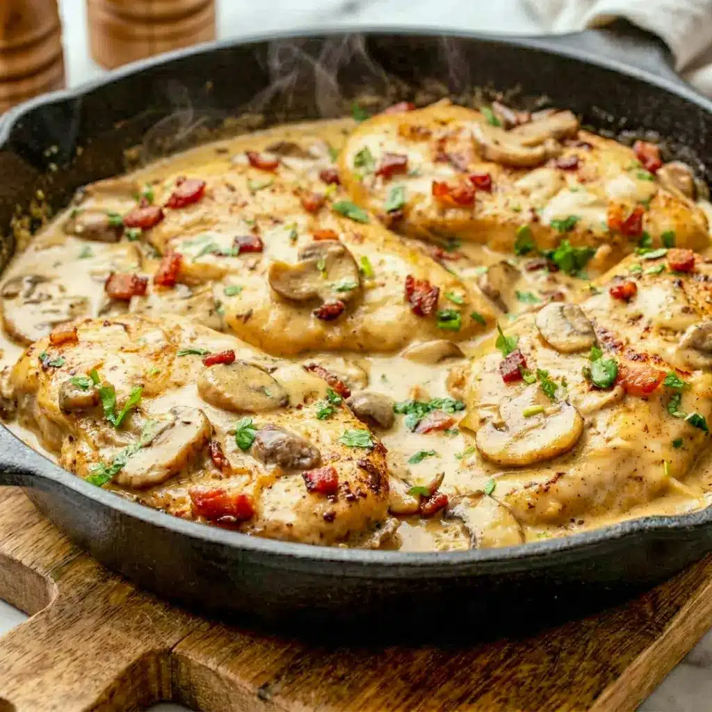 Chicken Riesling brings classic comfort to Chicken Wine Recipes with mushrooms, bacon, and a creamy finish.