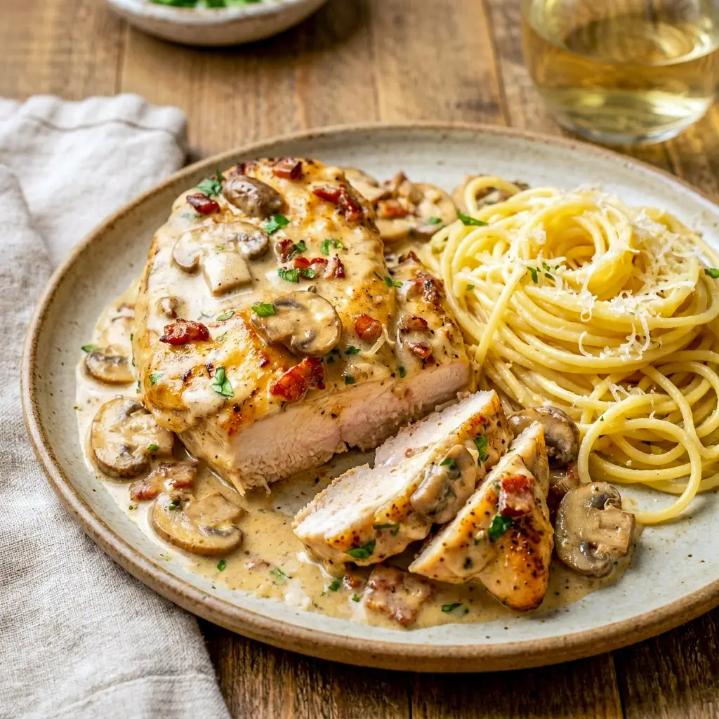 Chicken Riesling served over pasta for an easy Cheesecake Factory Chicken Riesling copycat dinner at home.