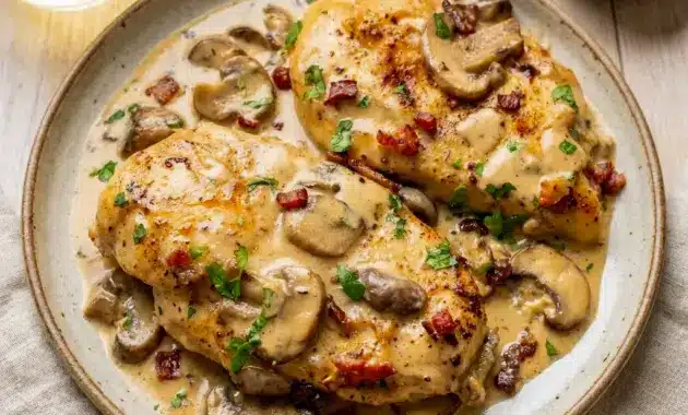 Chicken Riesling with Chicken Riesling Cheesecake Factory flavors, creamy sauce, and crispy bacon in a rich dinner skillet.