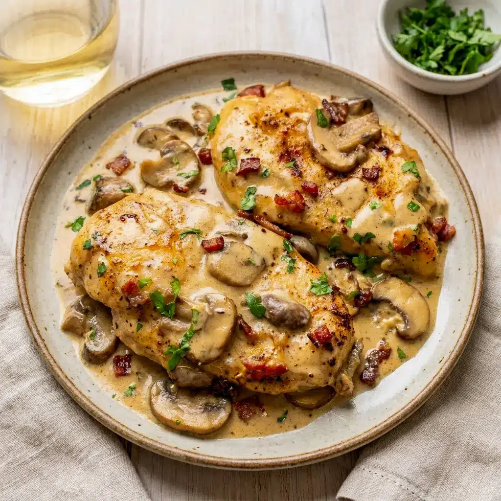 Chicken Riesling with Chicken Riesling Cheesecake Factory flavors, creamy sauce, and crispy bacon in a rich dinner skillet.
