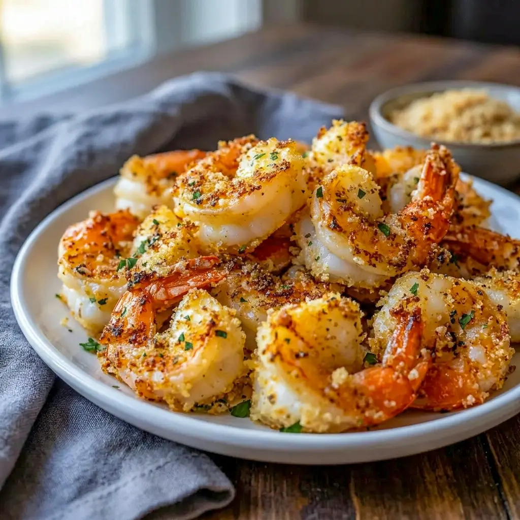 Crispy Air Fryer Garlic Parmesan Shrimp with lemon wedges, a tasty Air Fryer Parmesan Shrimp idea for seafood night.