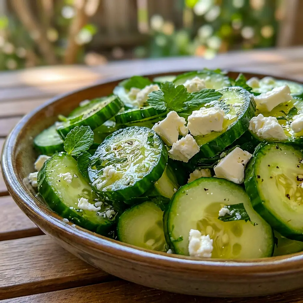 Cucumber Feta Salad with crumbled feta and herbs, a tasty Healthy Cucumber Feta Salad for warm-weather meals.