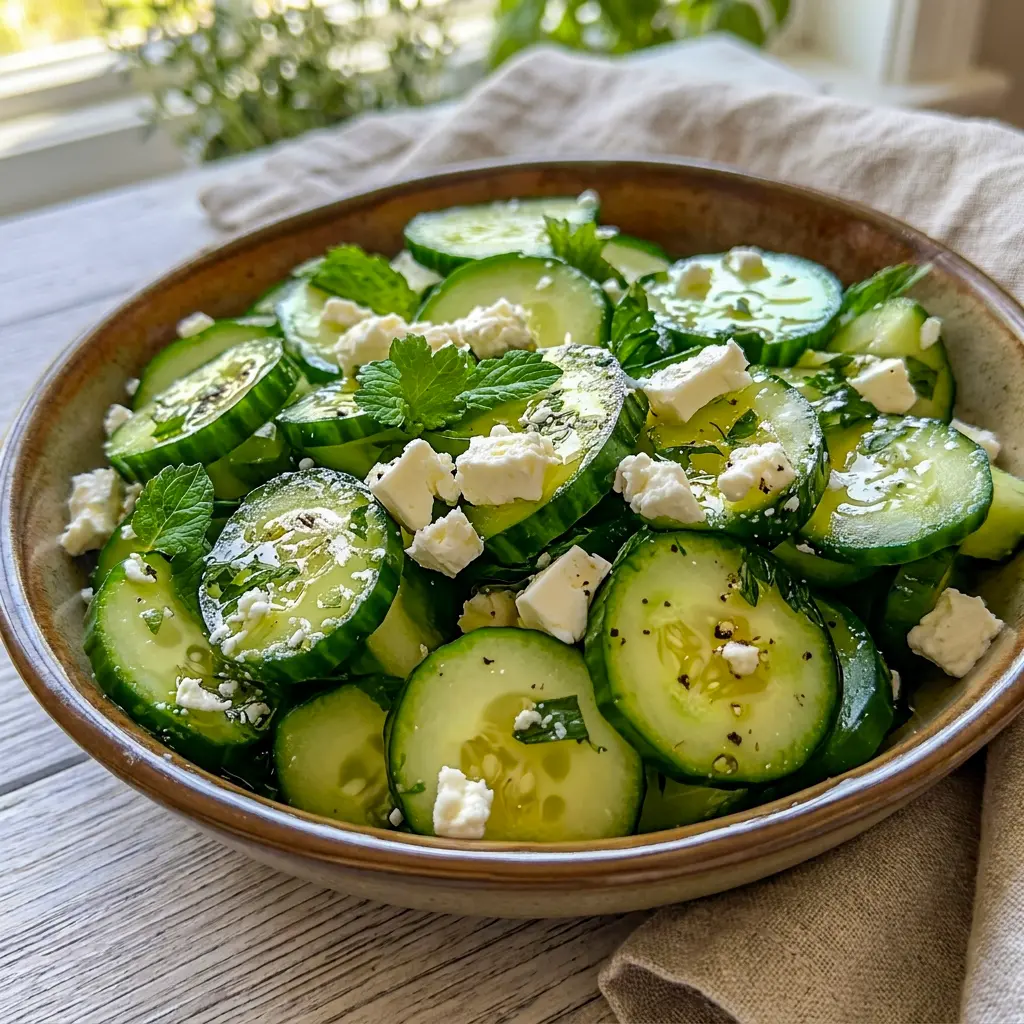 Cucumber Feta Salad tossed with lemon dressing, a refreshing Creamy Cucumber Feta Salad with crisp texture.