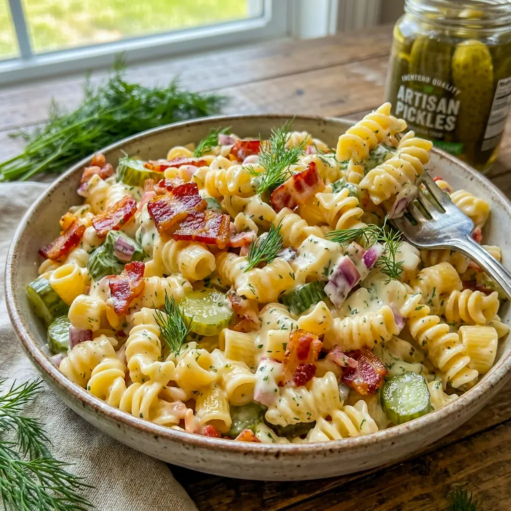 Dill Pickle Bacon Pasta Salad on a picnic table, perfect for Pasta Salad Recipes Lunch and easy make-ahead meals.