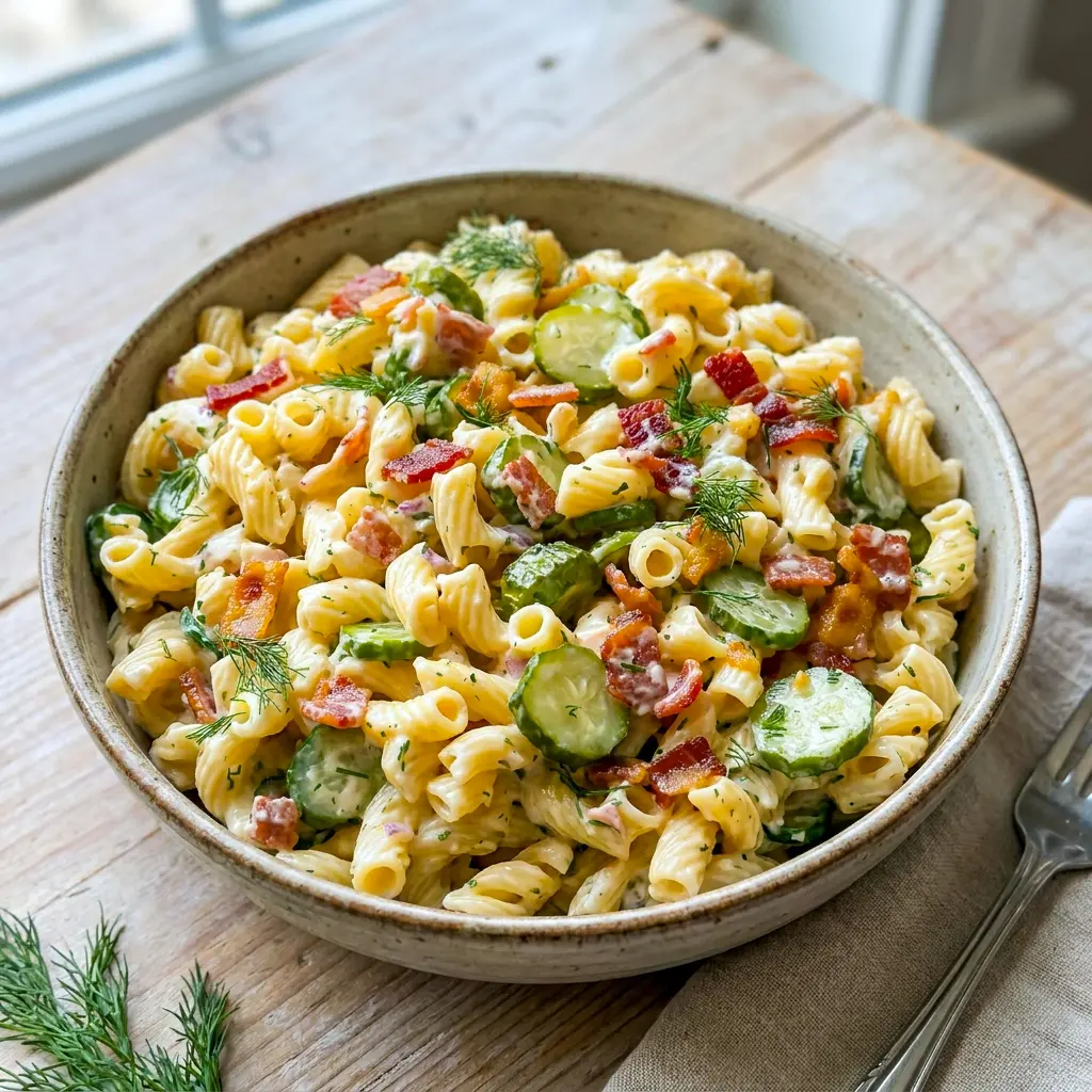 Dill Pickle Bacon Pasta Salad served as a tangy side dish, featuring Dill Pickle Flavored Recipes flavor in every bite.