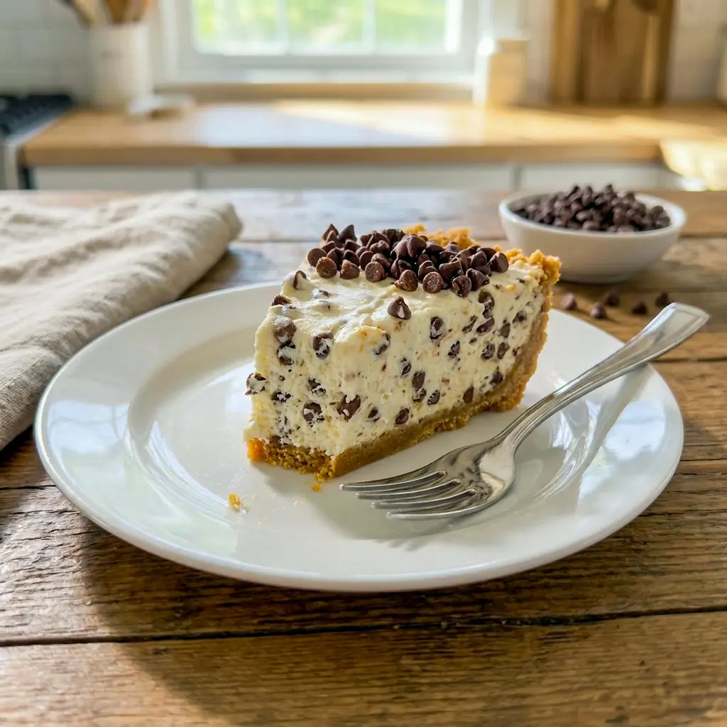 Chilled Chocolate Chip Cannoli Pie with mini chocolate chips, a creamy Italian Cannoli Cream Pie treat for special occasions.