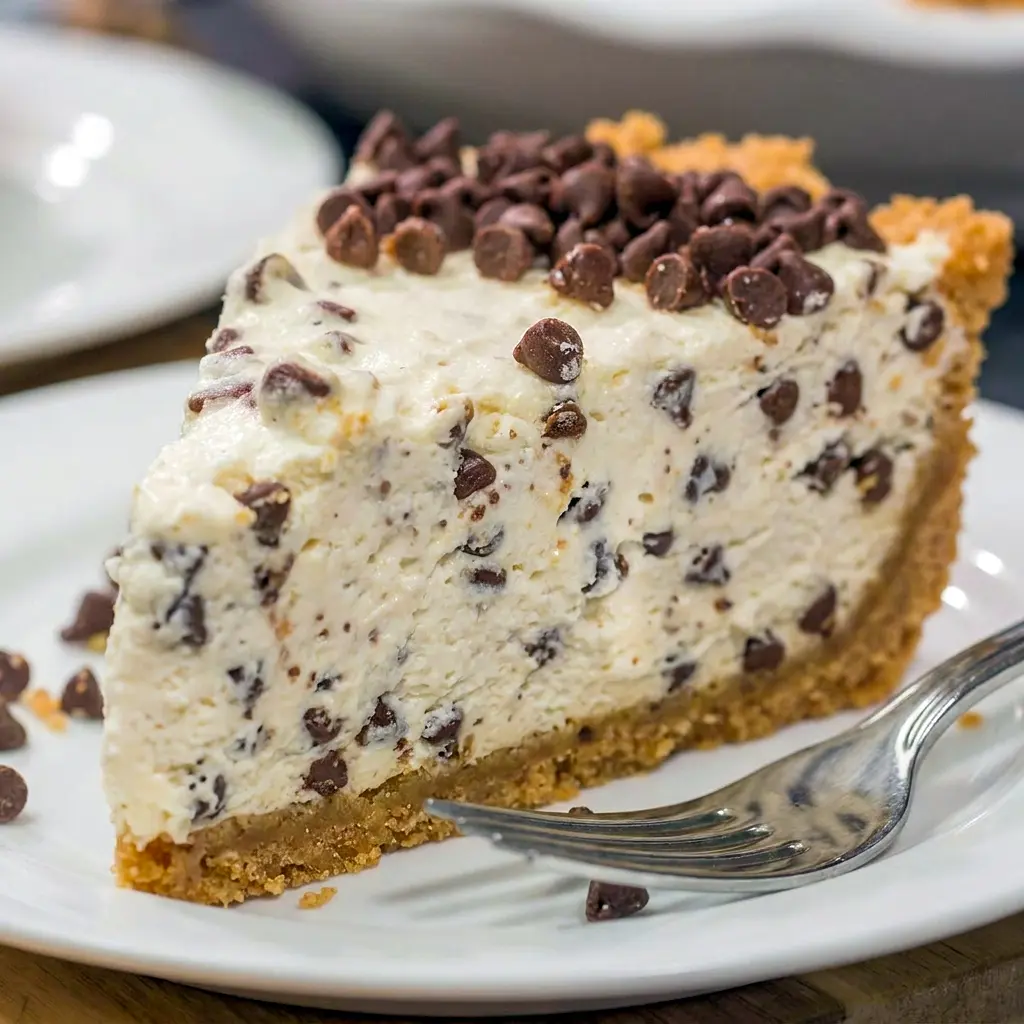 A creamy slice of Chocolate Chip Cannoli Pie with a smooth Cannoli Pie With Mascarpone filling and chocolate chips on top.