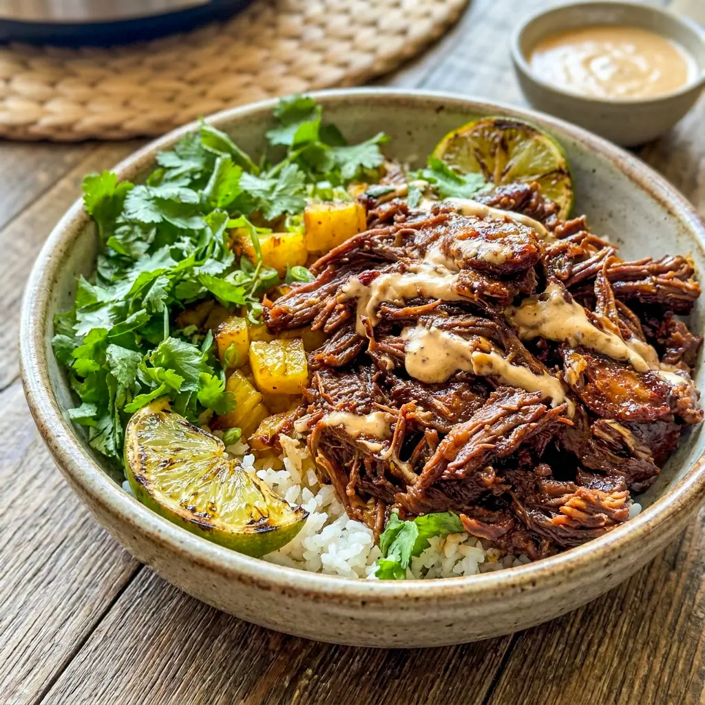 Crockpot Chipotle Pineapple Pot Roast Bowl topped with beans, corn, and avocado, making one of the best Roast Meal Ideas for dinner.