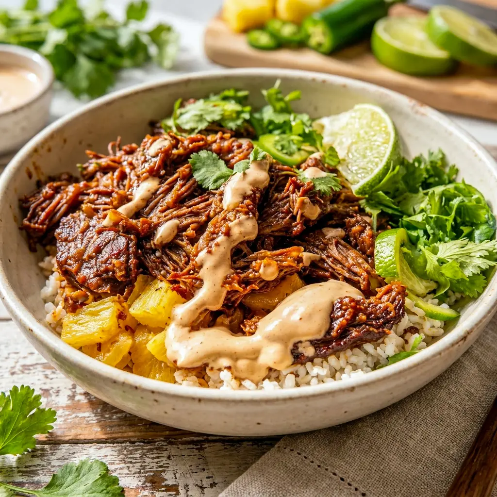 Crockpot Chipotle Pineapple Pot Roast Bowl styled as an easy family meal, ideal for Healthy Dinner Recipes Crock Pot and Summer Recipes Crockpot nights.