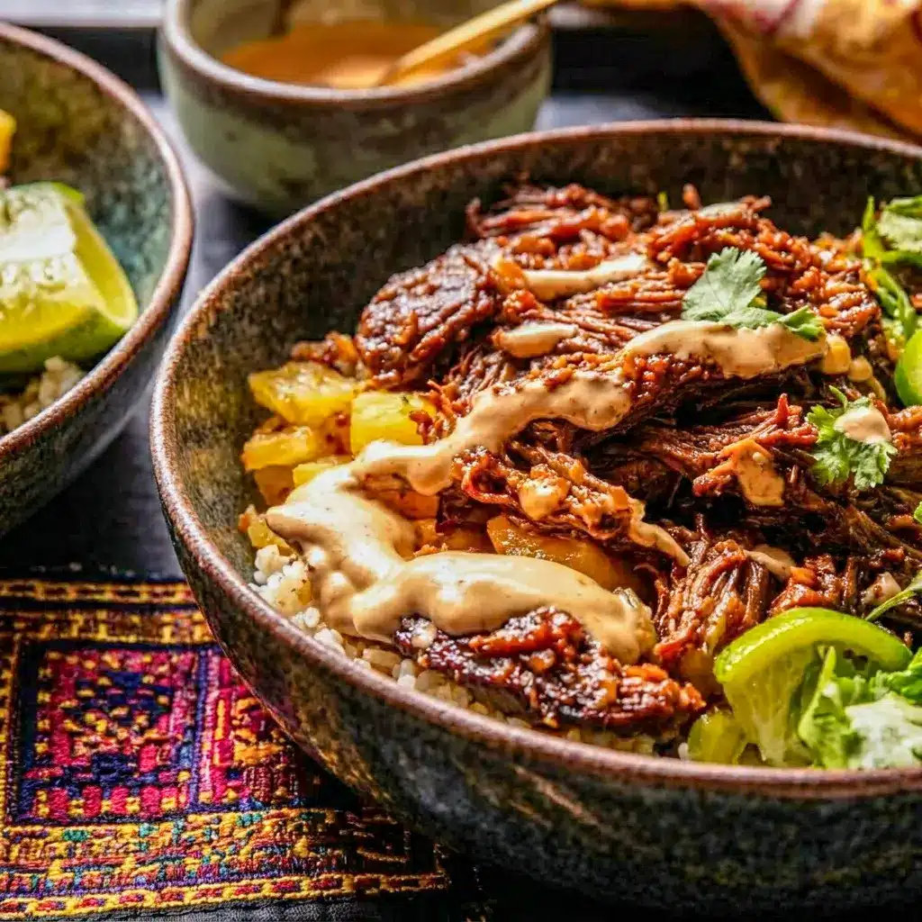 Crockpot Chipotle Pineapple Pot Roast Bowl with tender shredded beef, a sweet and smoky Pineapple Pot Roast flavor, and a rice base.