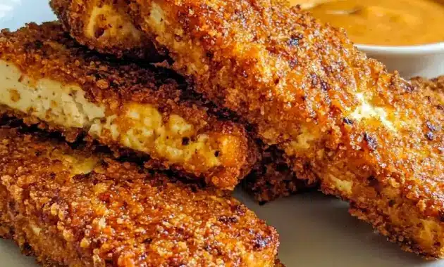 A crispy tray of Honey Mustard Tofu Tenders baked to golden perfection for Fast Easy Vegetarian Meals.