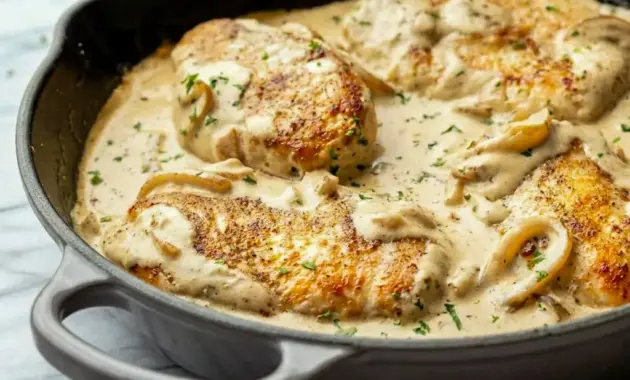 Sour Cream and Onion Chicken served in a creamy skillet, making an easy Low Carb Dinner for busy nights.