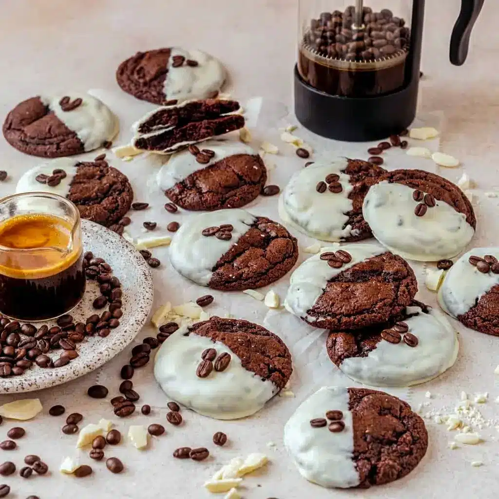 Espresso Martini Cookies dipped in white chocolate for elegant Cocktail Inspired Desserts.