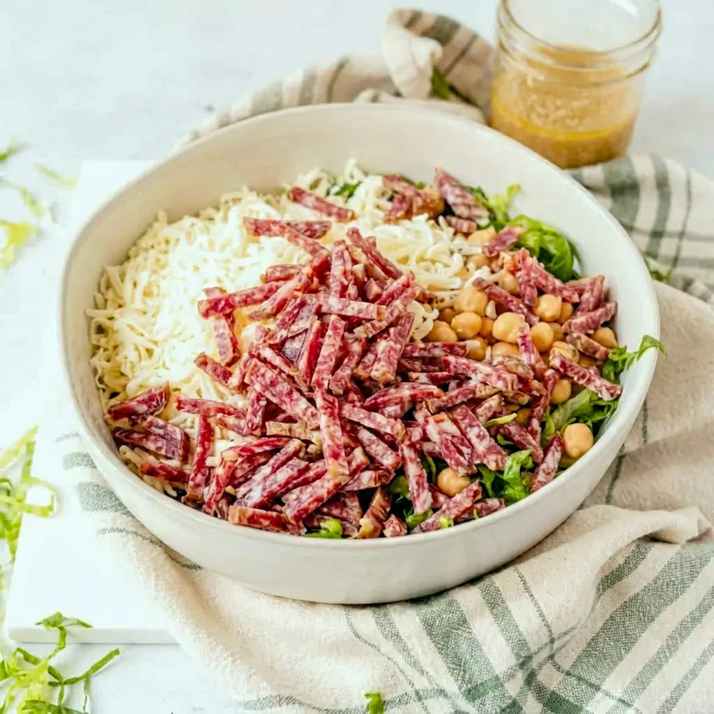 A crisp serving of Famous La Scala Chopped Salad with salami and chickpeas, a satisfying Chopped Salad for any day of the week.